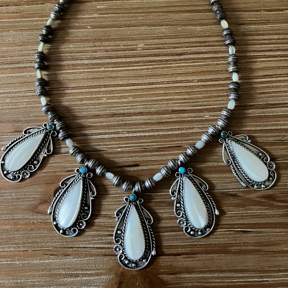 Vintage Navajo Pendant Necklace of MOP, Sterling, Turquoise-Signed JH Yazzie